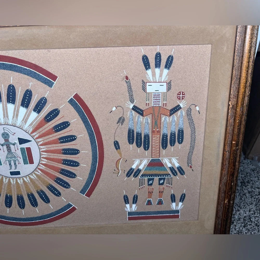 Vintage Indian Native American Navajo Sand Art Painting Signed Wood Framed 17x29